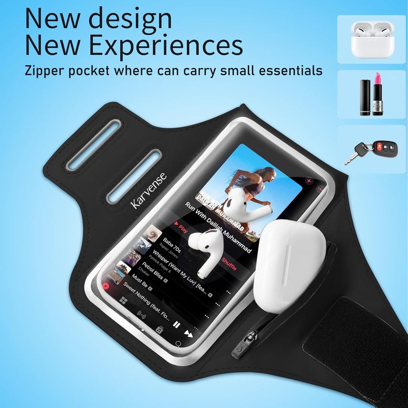 Karvense Phone Holder for Running-Arm Band for Running for iPhone & Samsung Galaxy, Cell Phone Armband Holder for Walking, Gym, Workout, Men, Women, w/Adjustable Strap & Zipper Pocket (Black-M) - Image 2